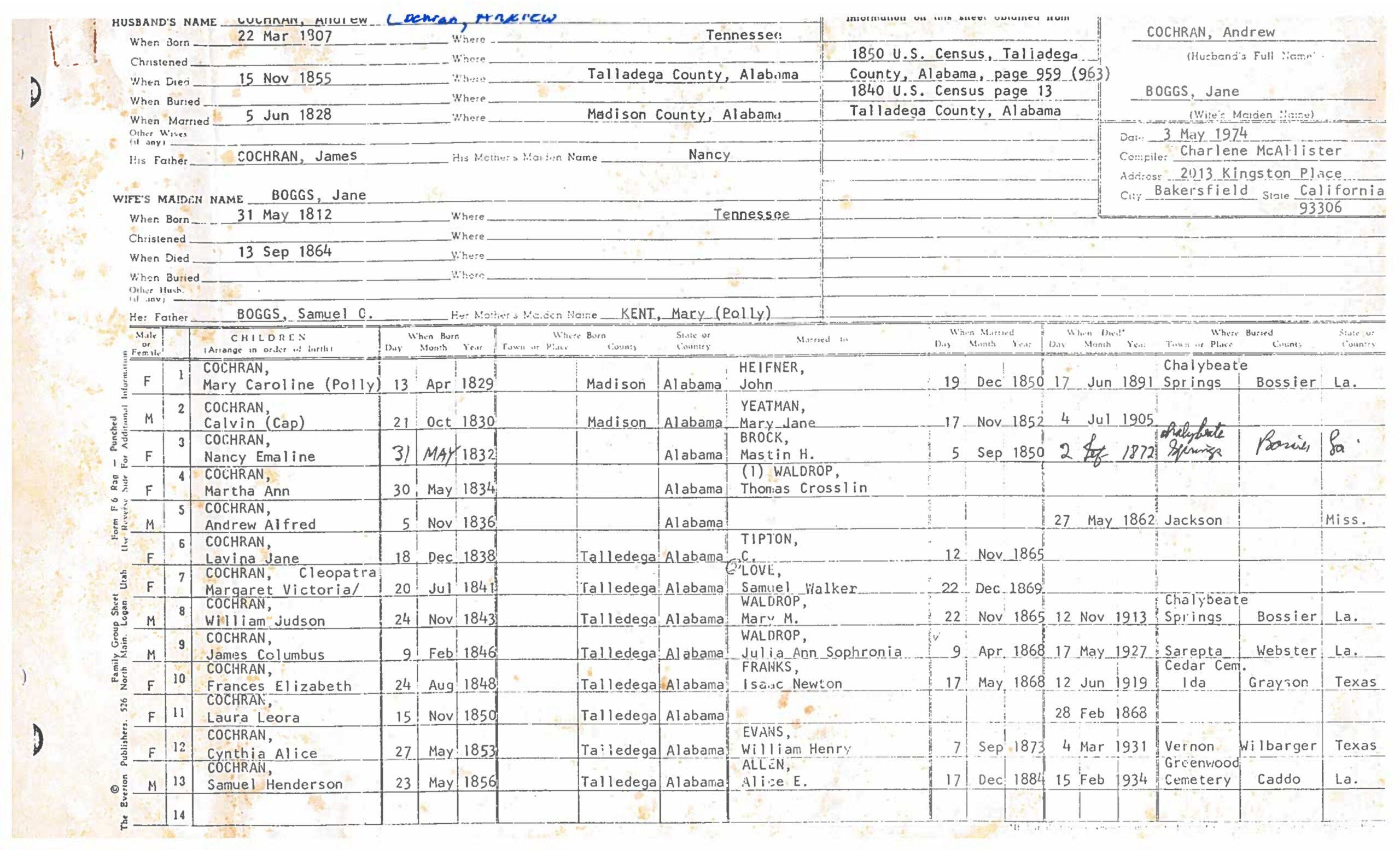 Andrew Cochran b. March 22, 1807 in Tennessee d. November 15 1855 1840 & 1850 Census Information